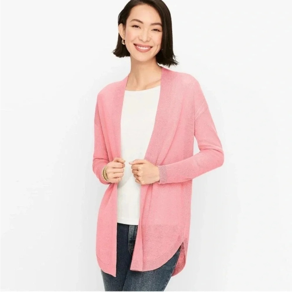 Talbots Linen blend Pink Cardigan Sweater Open Front Long Length